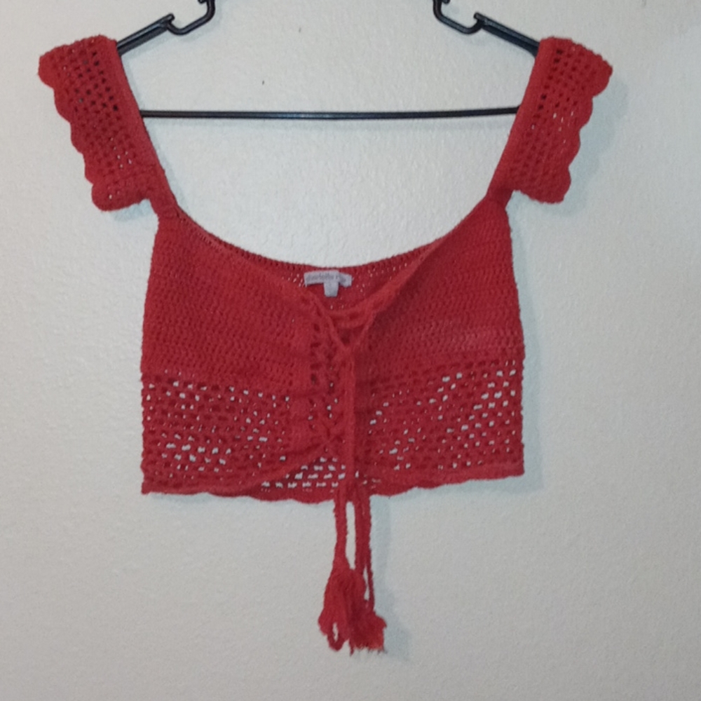 Red Crochet Drawstring Crop Top❤ - Picture 4 of 8